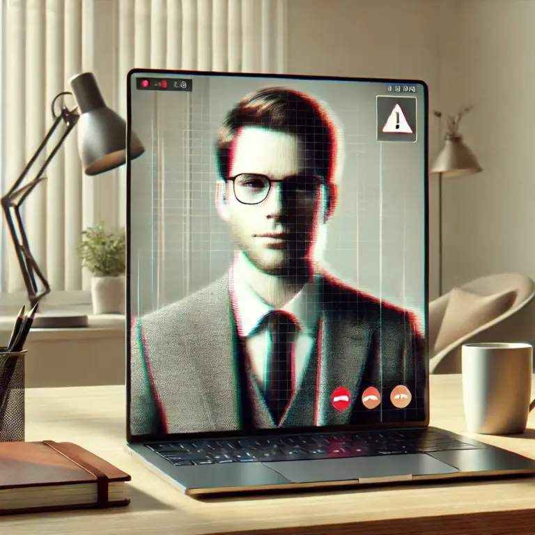 Modern laptop on desk showing a video call with a professional man whose face is digitally glitched, indicating a potential AI deepfake.