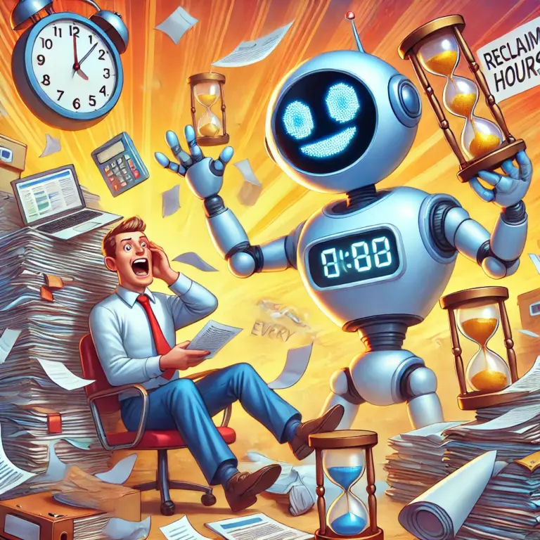 Cartoon-style illustration of a futuristic office where a cheerful robot assistant automates tasks for a stressed office worker. Papers and clocks float around, while golden hourglasses represent reclaimed time. The scene is colorful, exaggerated, and full of motion, emphasizing the benefits of automation.