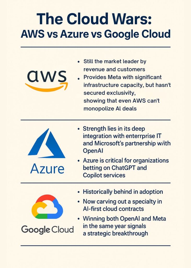 Infographic titled ‘The Cloud Wars: AWS vs Azure vs Google Cloud’ comparing the three cloud providers. AWS is shown as the market leader with revenue and customer dominance but no AI exclusivity. Azure highlights integration with enterprise IT, Microsoft’s OpenAI partnership, and ChatGPT/Copilot services but notes loss of exclusivity. Google Cloud is shown as historically third, now winning AI-first contracts with OpenAI and Meta, signaling a breakthrough.