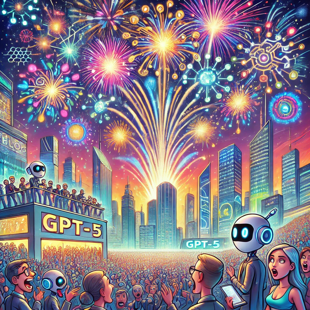 Cartoon image of AI robots and people gathered in a downtown of a city celebrating the launch of GPT-5 as they watch fireworks in the night sky.