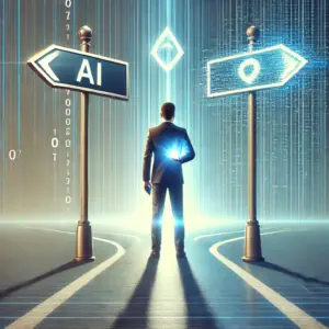 A person stands at a symbolic crossroads holding a softly glowing smartphone. One path ahead is bright and secure, while the other dissolves into digital static and distortion, representing the threat of AI-generated scams. The individual looks forward with determination, symbolizing awareness, resilience, and the critical choices we face in the age of artificial intelligence.