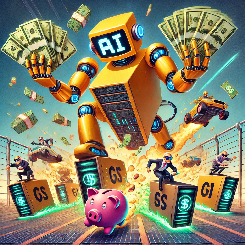 cartoon image of ai robot holding all the cash