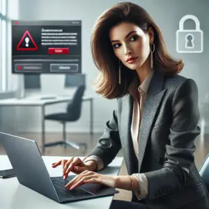 A confident and fashionably dressed female business professional sits at a modern desk, reviewing a suspicious email on a sleek laptop. A red alert icon is visible on the screen, signaling a potential scam. The background features subtle cybersecurity graphics like padlocks and shield icons, representing digital awareness and protection in a professional setting.