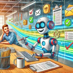 Caricature-style illustration of a cheerful robot sitting at a futuristic workstation, performing automated office tasks such as filing documents, sending emails, and checking digital boxes. In the background, a relaxed human employee sips coffee, watching the robot work. The scene is colorful and tech-themed, filled with glowing icons and data streams, symbolizing task automation and reclaimed time.