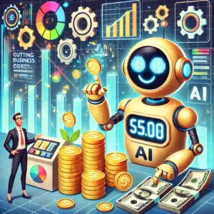 Caricature-style illustration of a cheerful robot in a high-tech office using digital tools to reduce large stacks of coins and bills into smaller, organized piles. A smiling businessperson watches as holographic graphs and data visuals show improvement. The scene is colorful, exaggerated, and full of motion, symbolizing how artificial intelligence helps cut business costs through automation and efficiency. No text or words are present in the image.