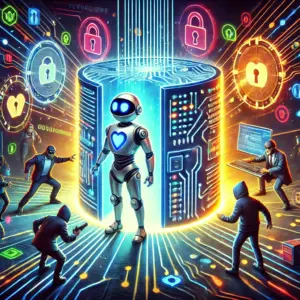 Caricature-style illustration of a heroic robot cybersecurity guardian standing in front of a glowing digital vault, protecting it with a bright energy shield. Around the robot, sneaky cartoon cybercriminals in hoodies attempt to breach digital systems, but are blocked by glowing firewalls and tech defenses. The background is a dark, futuristic cyberspace filled with circuits and flowing data, symbolizing digital protection and cybercrime prevention. No text or letters are present in the image.