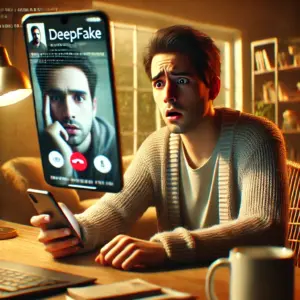 A distressed person sitting at a home desk, holding a smartphone showing a video call with a familiar-looking face that has subtle digital glitches, suggesting a deepfake. The room is warmly lit, and the person’s expression shows shock and fear, highlighting the emotional impact of AI-driven scams.