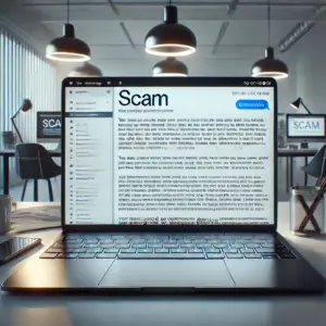 A sleek laptop on a modern desk displaying a realistic, polished scam email generated by AI, with professional formatting and a trustworthy tone in a well-lit, professional environment.