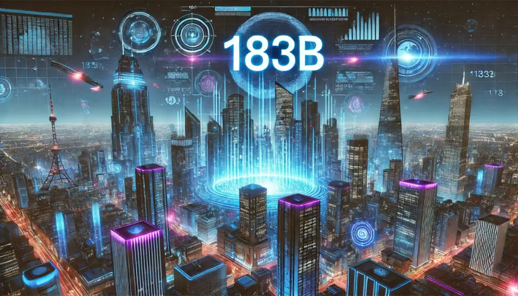 High-tech futuristic financial hub with towering skyscrapers illuminated in blue and purple neon. Giant glowing '183B' valuation floats above the skyline amid holograms, data streams, and aerial vehicles.
