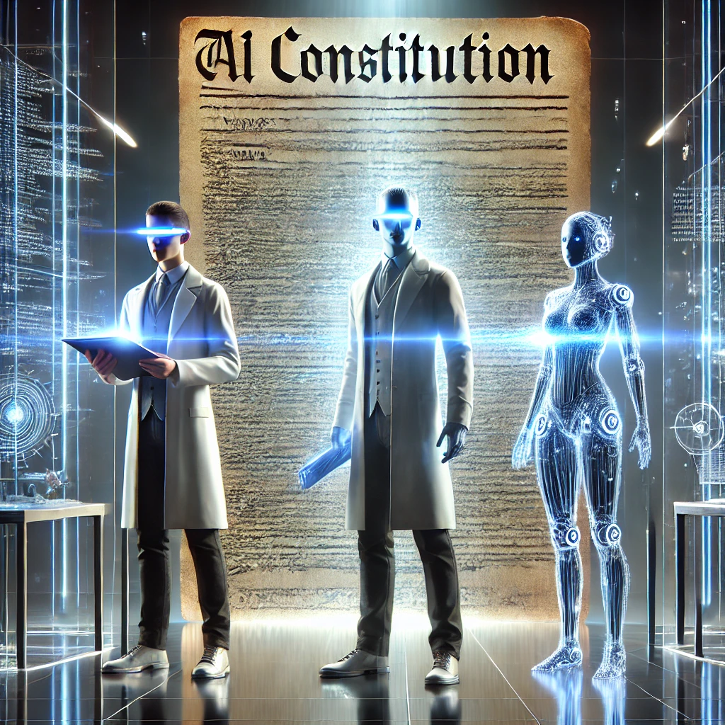Futuristic AI researchers stand before a glowing digital constitution in a high-tech lab, symbolizing ethical AI development.