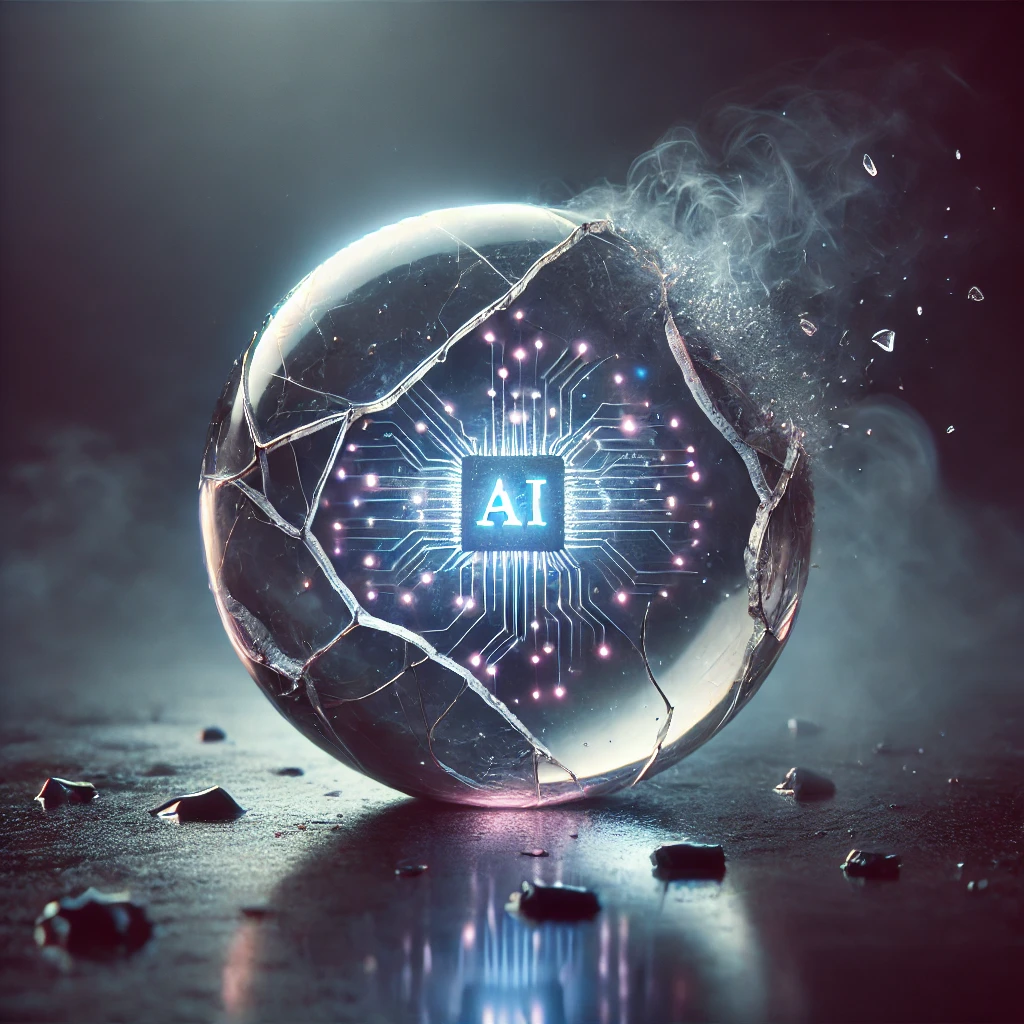 Digital illustration of a cracked glass orb glowing with AI circuits, symbolizing the risks of an AI bubble.