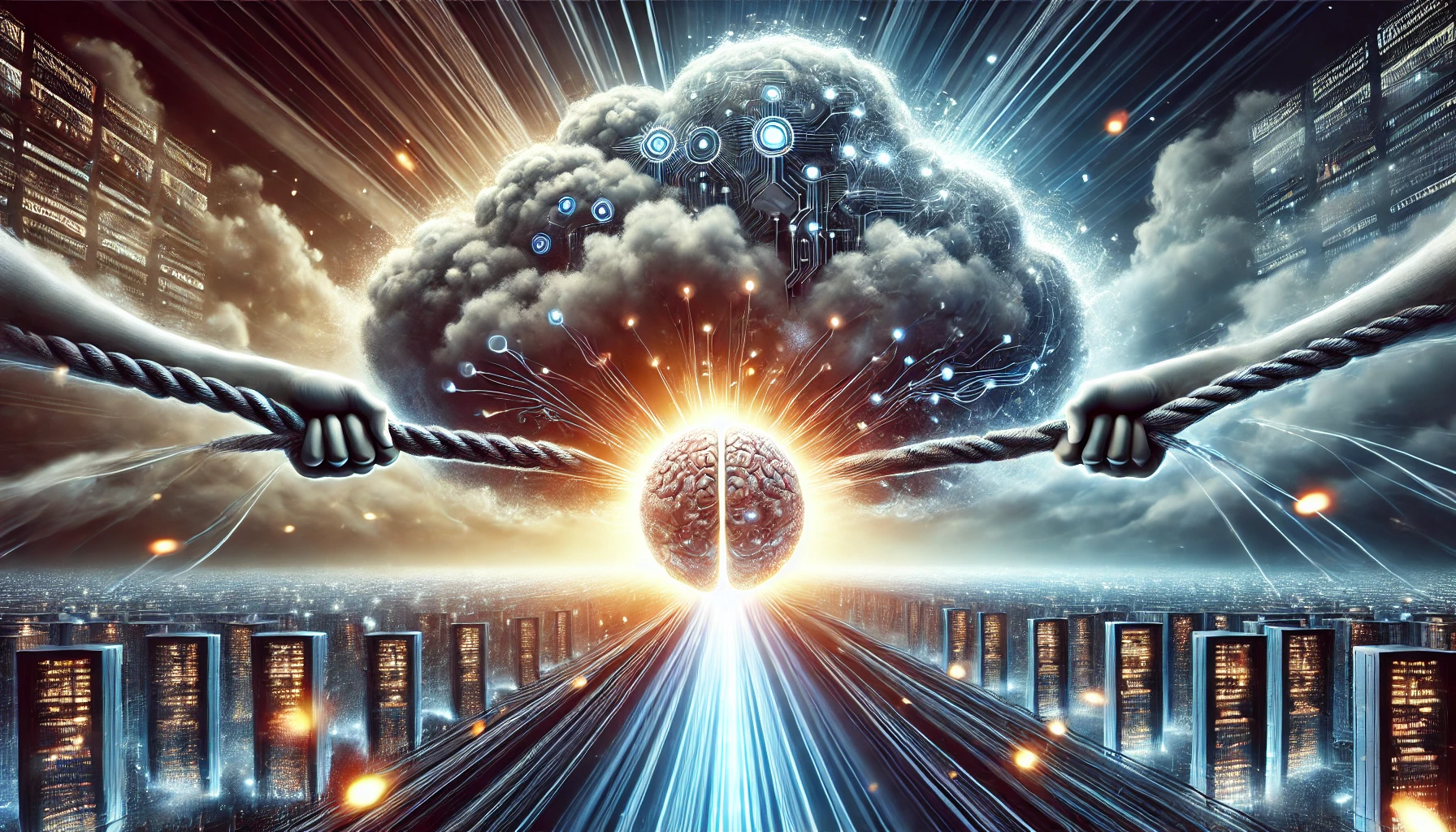 Editorial illustration of two glowing cloud entities pulling on a central AI core, symbolizing Anthropic’s position between Amazon and Google.