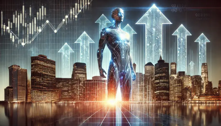 Abstract AI figures made of light stand before a futuristic city skyline, as glowing arrows rise into the sky, symbolizing rapid tech company valuation growth.