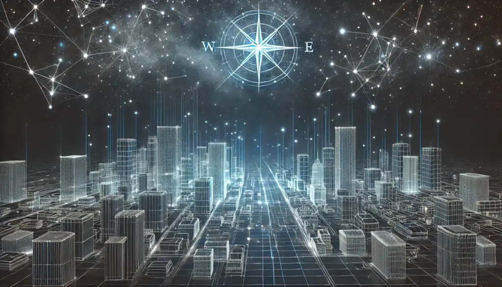 Futuristic city skyline with glowing digital compass and networks of light, symbolizing the IT North Star guiding organizations toward 2030.