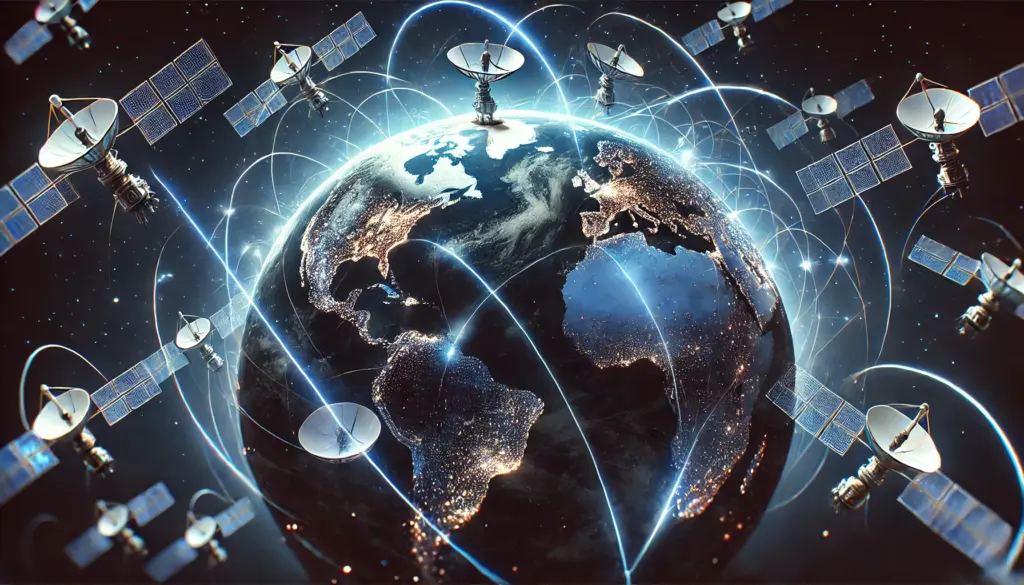 Illustration of Earth with glowing satellite signals representing direct-to-cell wireless coverage.