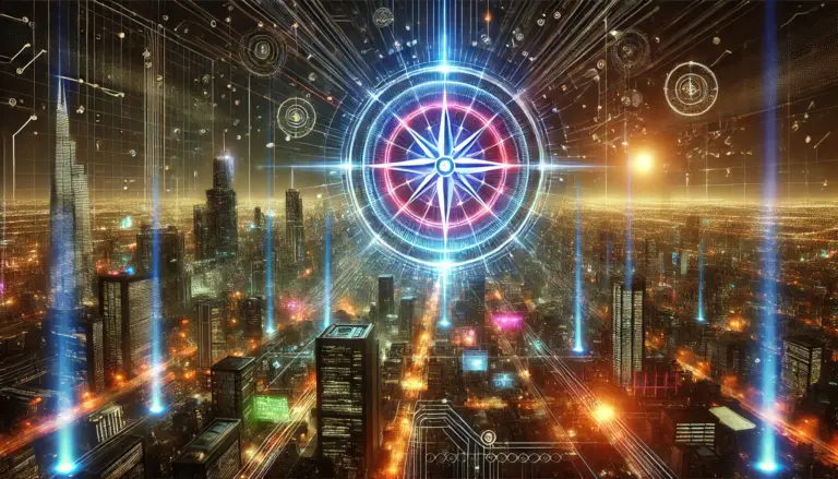 A glowing neon compass floats in the night sky above a futuristic cyberpunk city skyline. The compass emits colorful energy beams, while the city below glows with data lines, servers, and satellite connections.