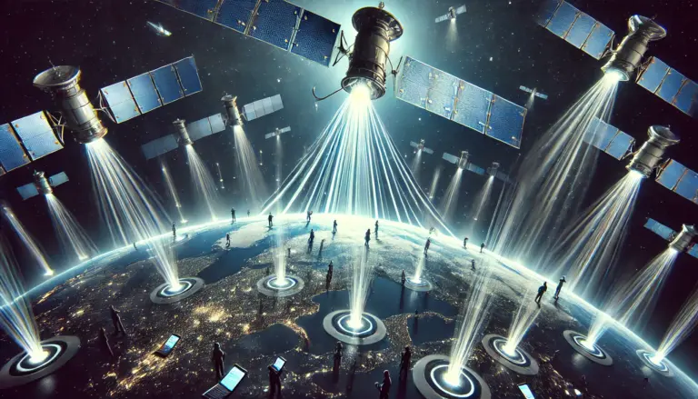 Futuristic illustration of satellites connecting directly to smartphones, symbolizing SpaceX’s $17B spectrum deal.