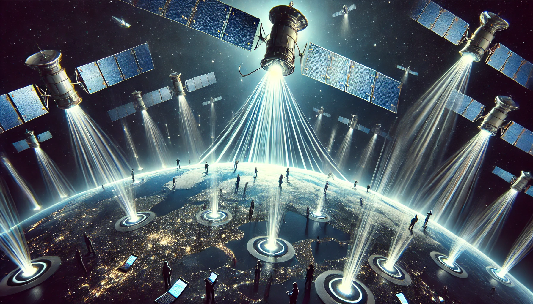 Futuristic illustration of satellites connecting directly to smartphones, symbolizing SpaceX’s $17B spectrum deal.