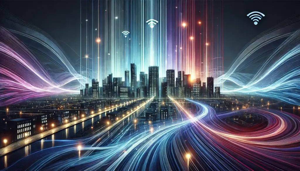 Conceptual illustration of glowing colored light waves flowing above a city skyline, symbolizing wireless spectrums.